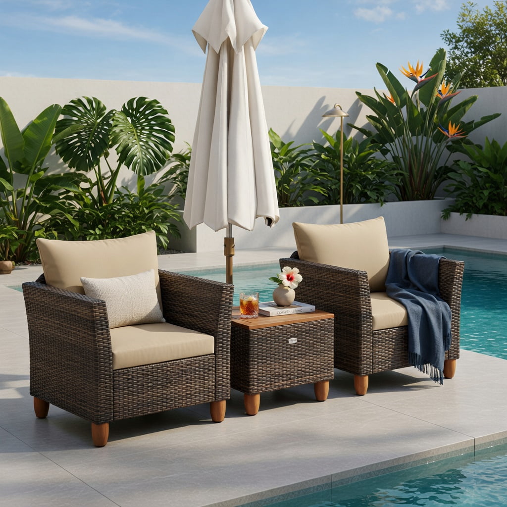 Hommoo 3-Piece Outdoor PE Wicker Patio Furniture Set with Acacia Wood Storage Coffee Table & Premium Cushions, Brown