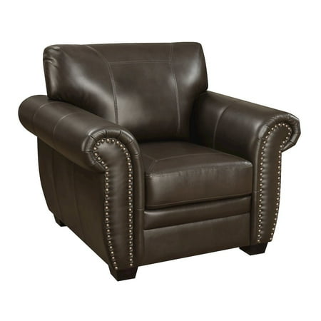 Lowes Chair Louis Collection Traditional Upholstered Leather Arm Chair with Antique Brass Nail Head Trim, Brown ()
