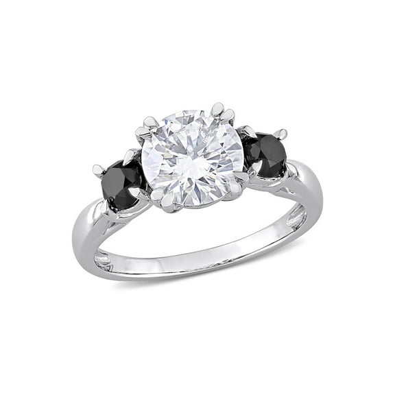 1.85 Carat (Ctw) Lab-Created Three-Stone Moissanite Engagement Ring in 10K White Gold with Black Diamonds for Women