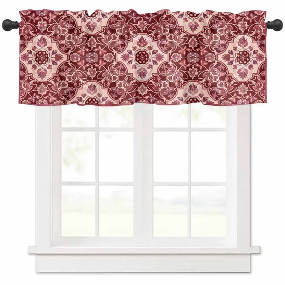 Hokiten Rod Pocket Curtain Valance, Red Boho Farmhouse Window Valance for Living Room, Bedroom, Kitchen Ethnic Tribal Abstract Traditional Floral 42"W x 12"L