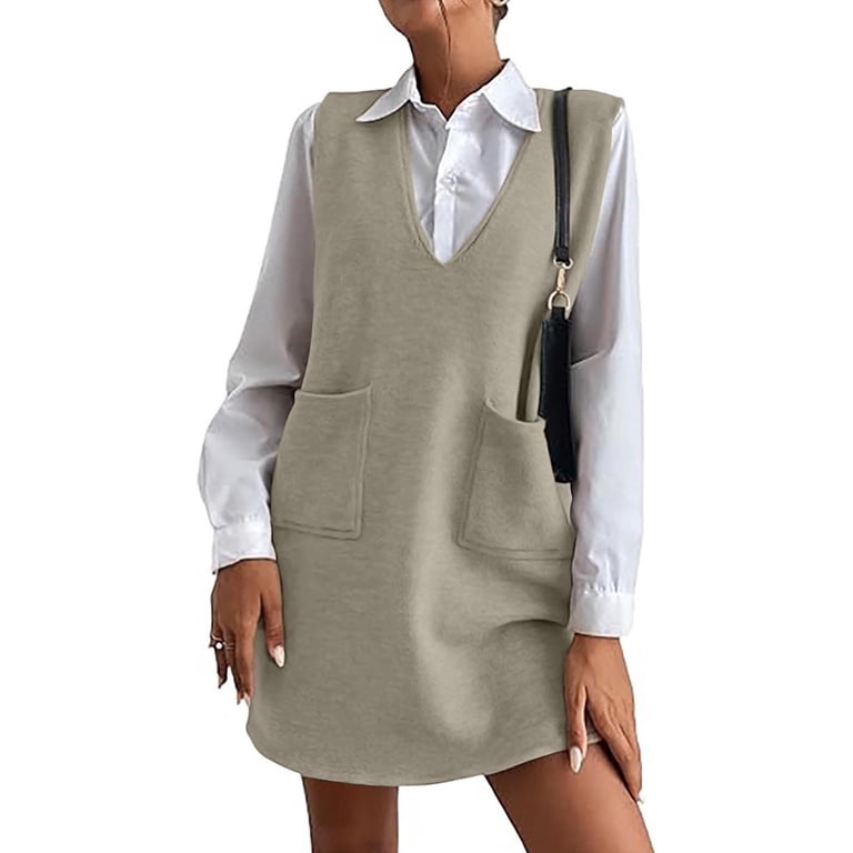 Womens Knitted Vest Sleeveless Tunic Jumper Wool Blend Mini Dress Women V  Neck Sleeveless Knit Loose