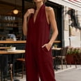 thumbnail image 5 of Ahabrexf Summer Casual Jumpsuits for Women, Shoulder-Baring Deep V Neck Wide Leg, Linen Mixed Sleeveless Casual Jumpsuit with Pockets for Vacation, 5 of 9