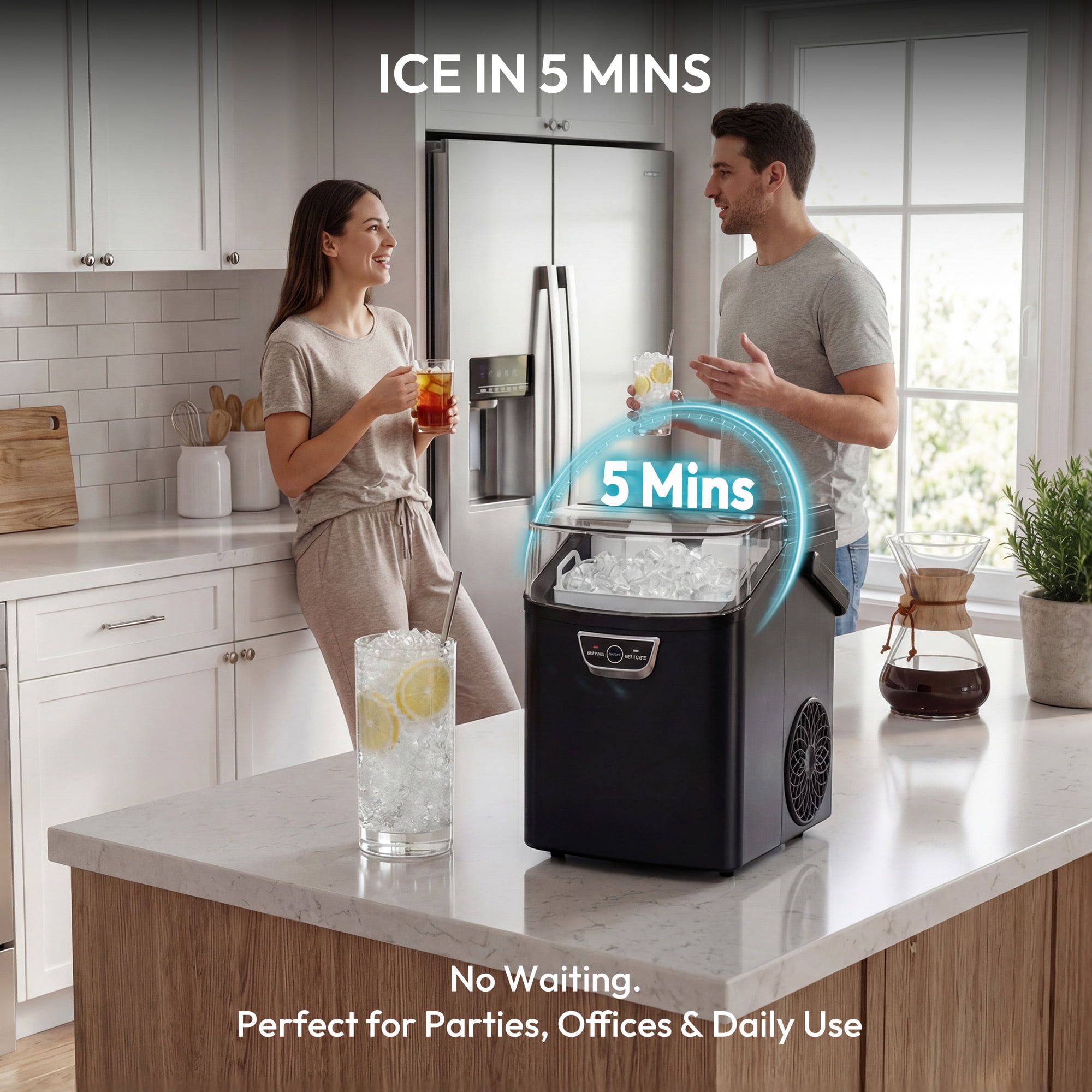 EUHOMY Countertop Nugget Ice Maker, 33Lbs/24H, Ready in 5 Mins, Self-Cleaning Portable Ice Machine, Black