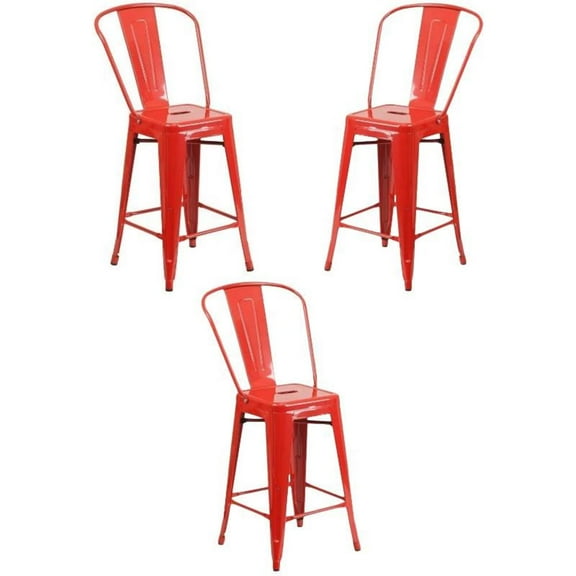 Home Square 24" Metal Counter Stool in Red Finish - Set of 3