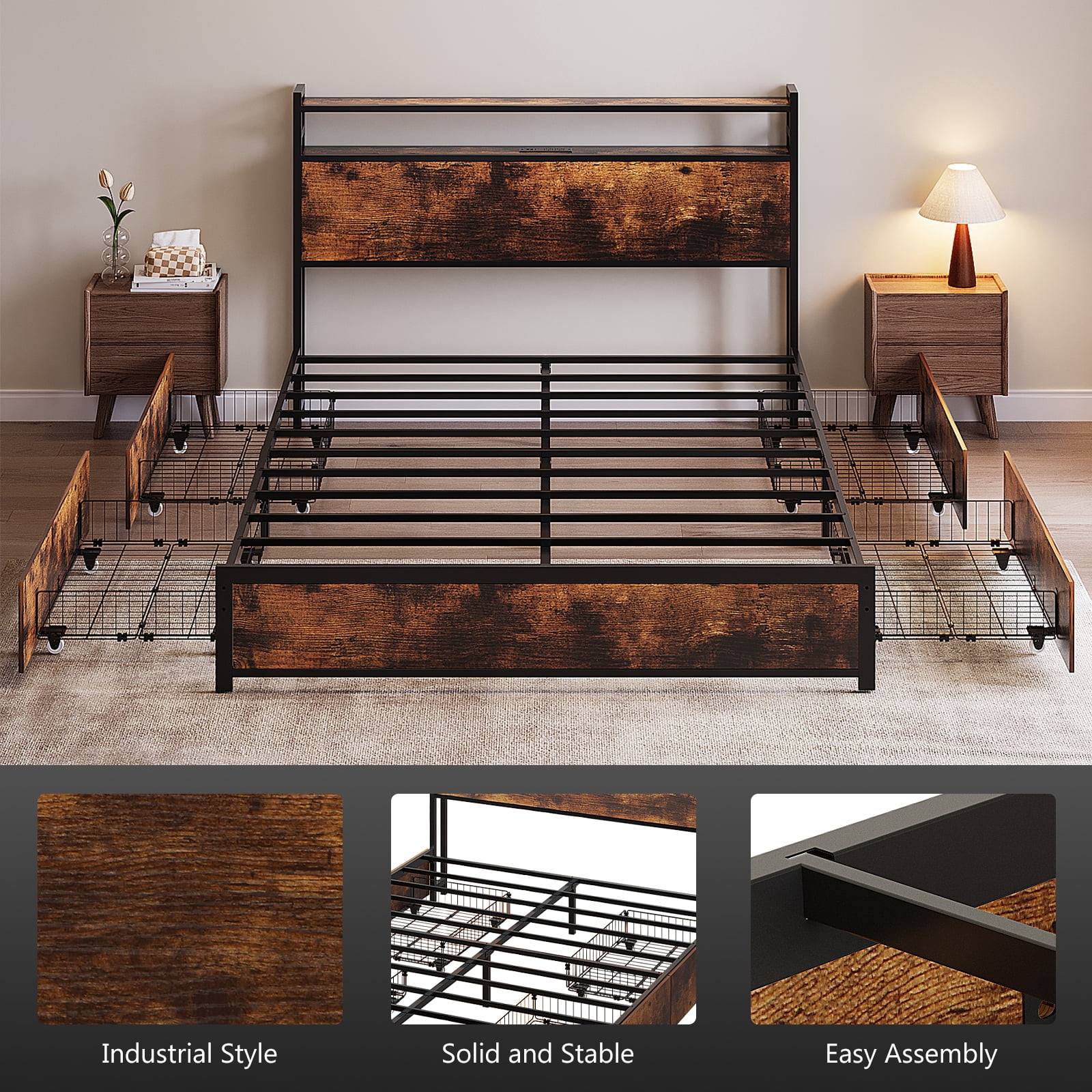 Zimtown Queen Bed Frame with 2-Tier Storage Headboard, Metal Platform Bed Frame with 4 Storage Drawers, Built in Charging Station & LED, Vintage Brown
