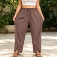 thumbnail image 6 of Women's Plus Size Linen Cotton Drawstring Elastic Waist Wide Leg Pants with Pockets, Mid Waisted Loose Fit Stretchy Comfy, Casual Summer Beach Lounge | VerBelle,Brown L, 6 of 8