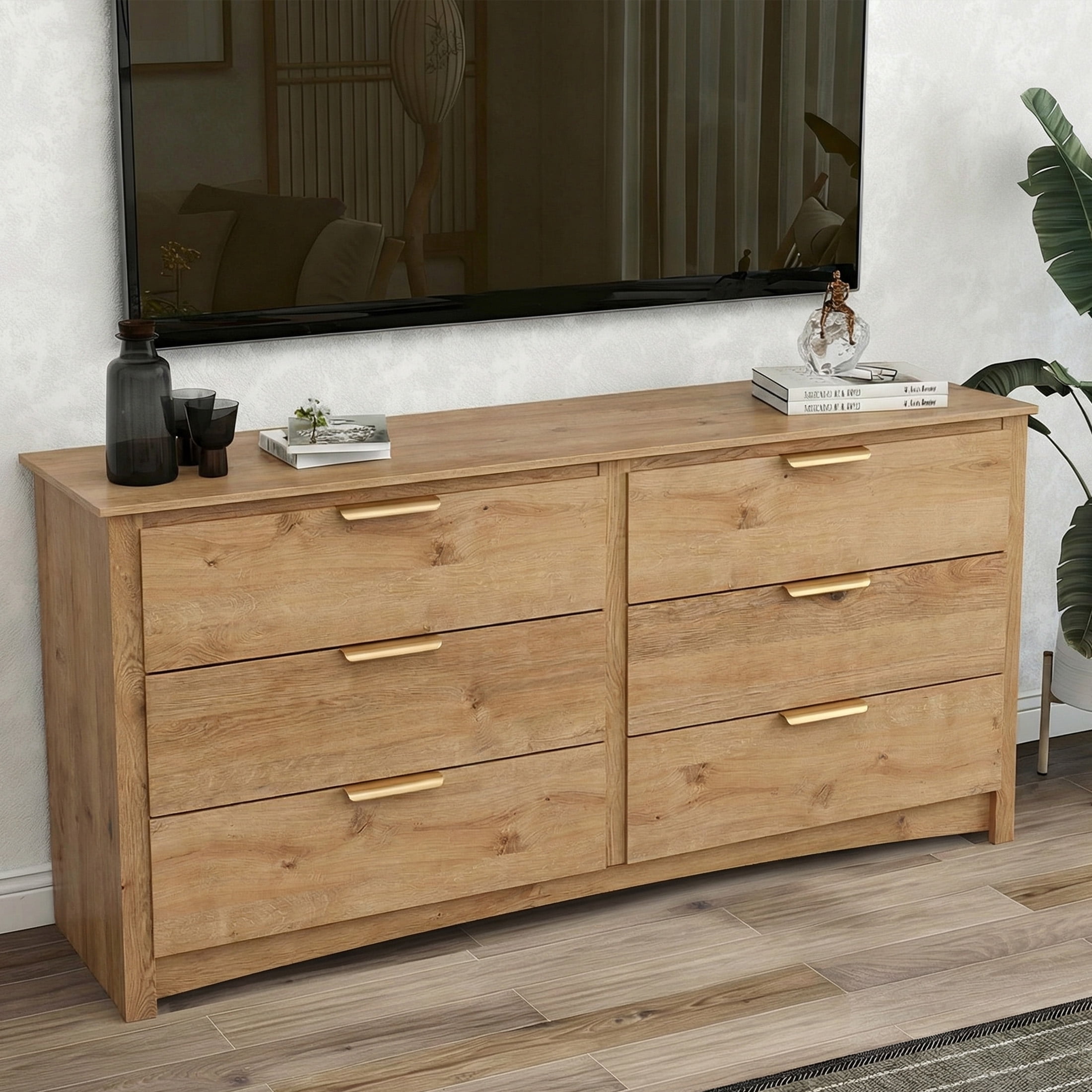edx 59in Wood Dresser 6 Drawer, Brown Storage Cabinet, Vintage Dresser, Chest of Drawers for Bedroom and Living Room, Wood