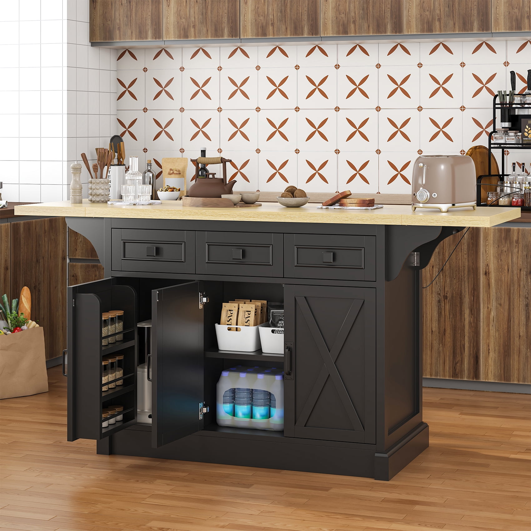 HAUXITIO 71" Kitchen Island with Drop Leaf & Power Outlet, Rolling Cart with 3 Drawers, Trash Cabinet & Storage Racks,Black