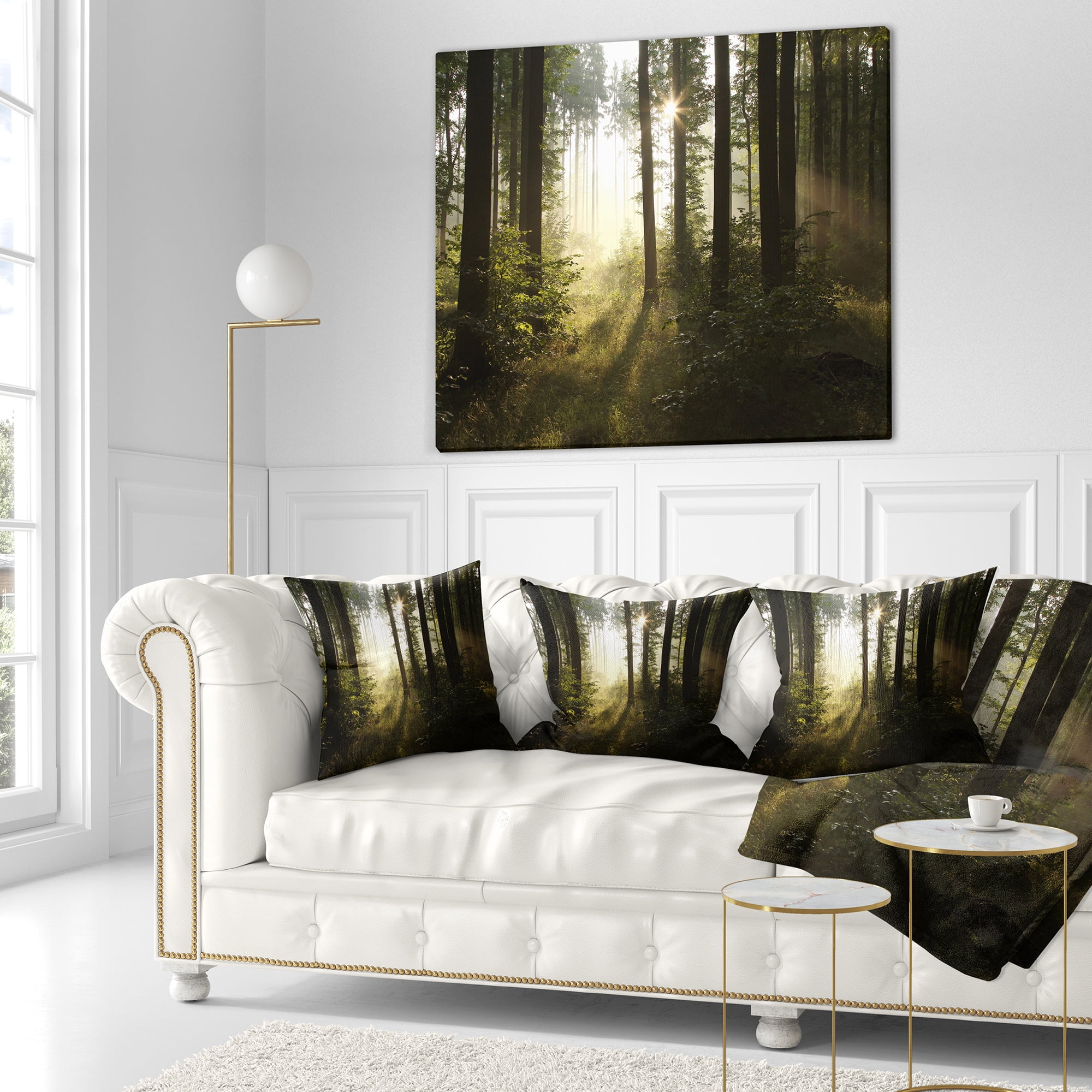 Designart Early Morning Sun in Misty Forest - Landscape Photography Throw Pillow - 16x16