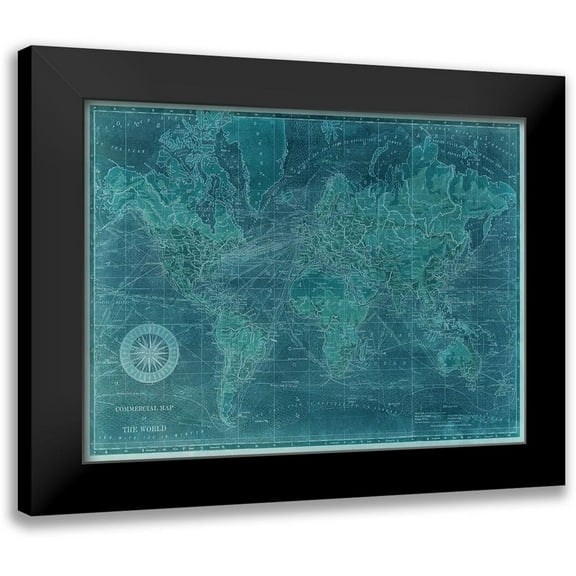 Vision Studio 14x12 Black Modern Framed Museum Art Print Titled - Azure World Map