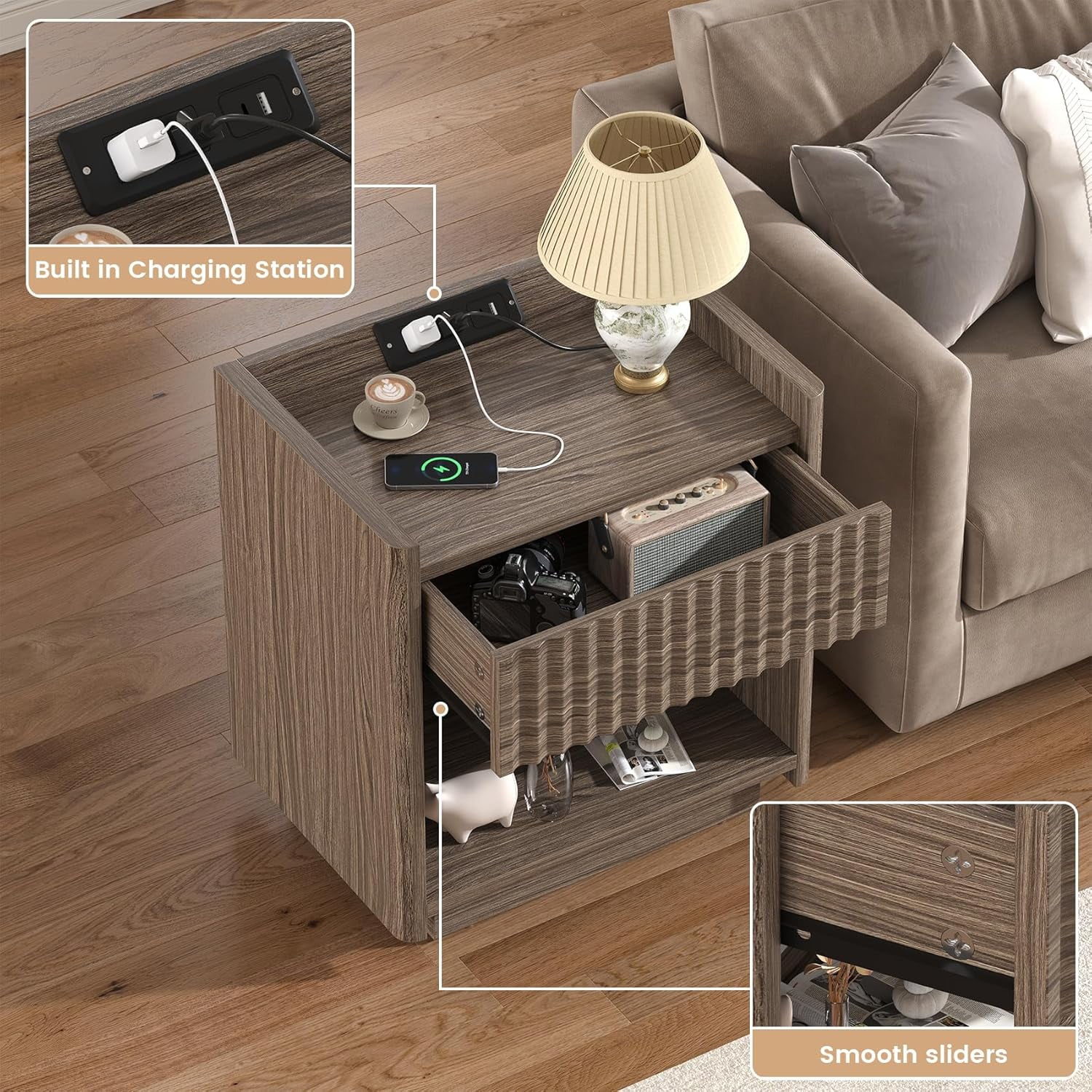 Winkalon Fluted Nightstands for Bedroom, Farmhouse Bedside Tables with Drawer & Open Shelf, Wood End Table for Living Room,Walnut