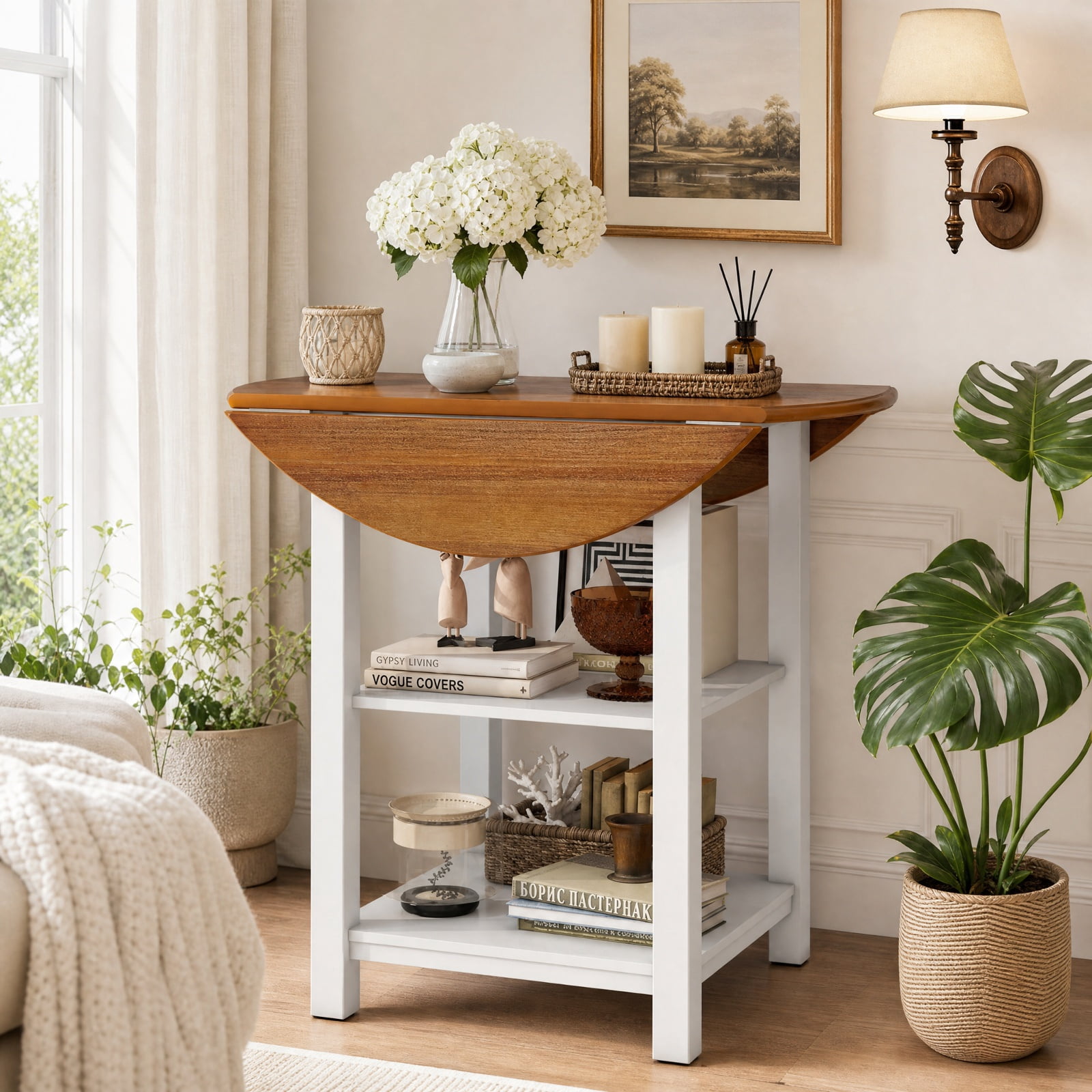 Furnibear Folding Round Drop Leaf Dining Table with 2 Storage Shelves and Solid Rubber Wood Legs for Small Spaces, White