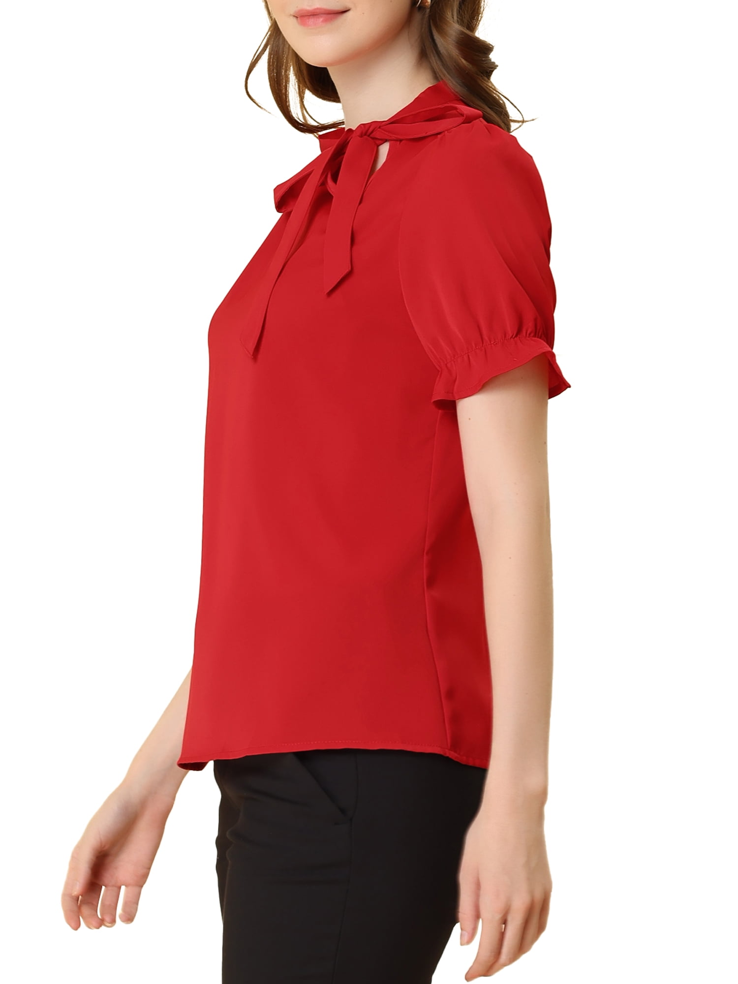 Unique Bargains Women's Bow Tie Neck Office Elegant Short Sleeve Blouse Top M Red