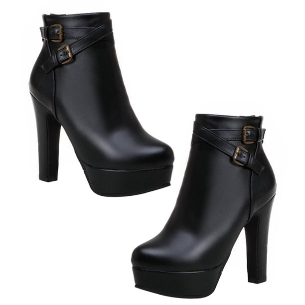 1 par de botas de mujer de invierno y otoño, botas de tacón alto a la moda hasta el tobillo con tacón grueso.