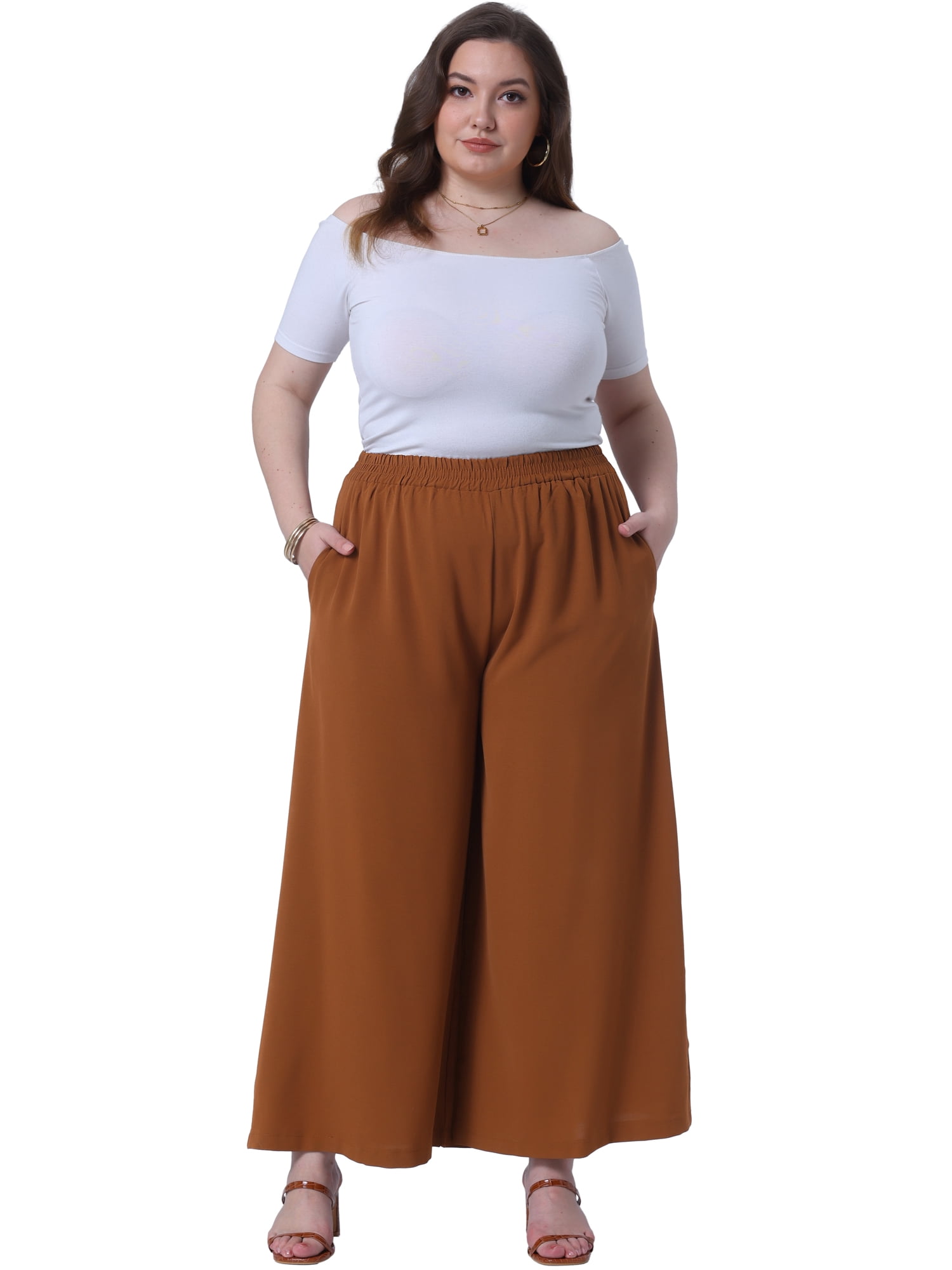 DARING DIVA Women's Plus Palazzo Pants Wide Leg with Pockets Summer Pants 5X Brown