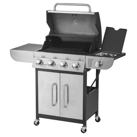 4-Burner Propane Grill w/ Side, 425sqin, 52KBTU, Shelves, SS