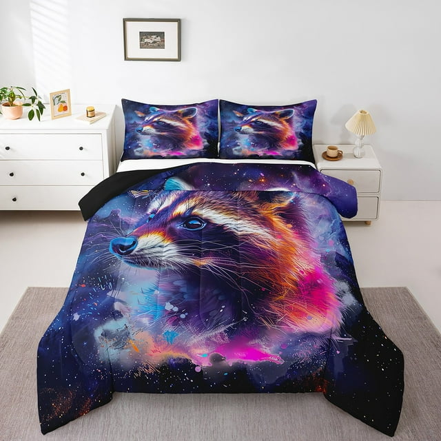 Cartoon Racoon Full Bedding Sets Watercolor Animal Comforter Set for Boys Girls, Psychedelic Galaxy Stars Down Comforter Rainbow Graffiti Bedding Comforter Sets, Trippy Nebula Cosmos Duvet Insert