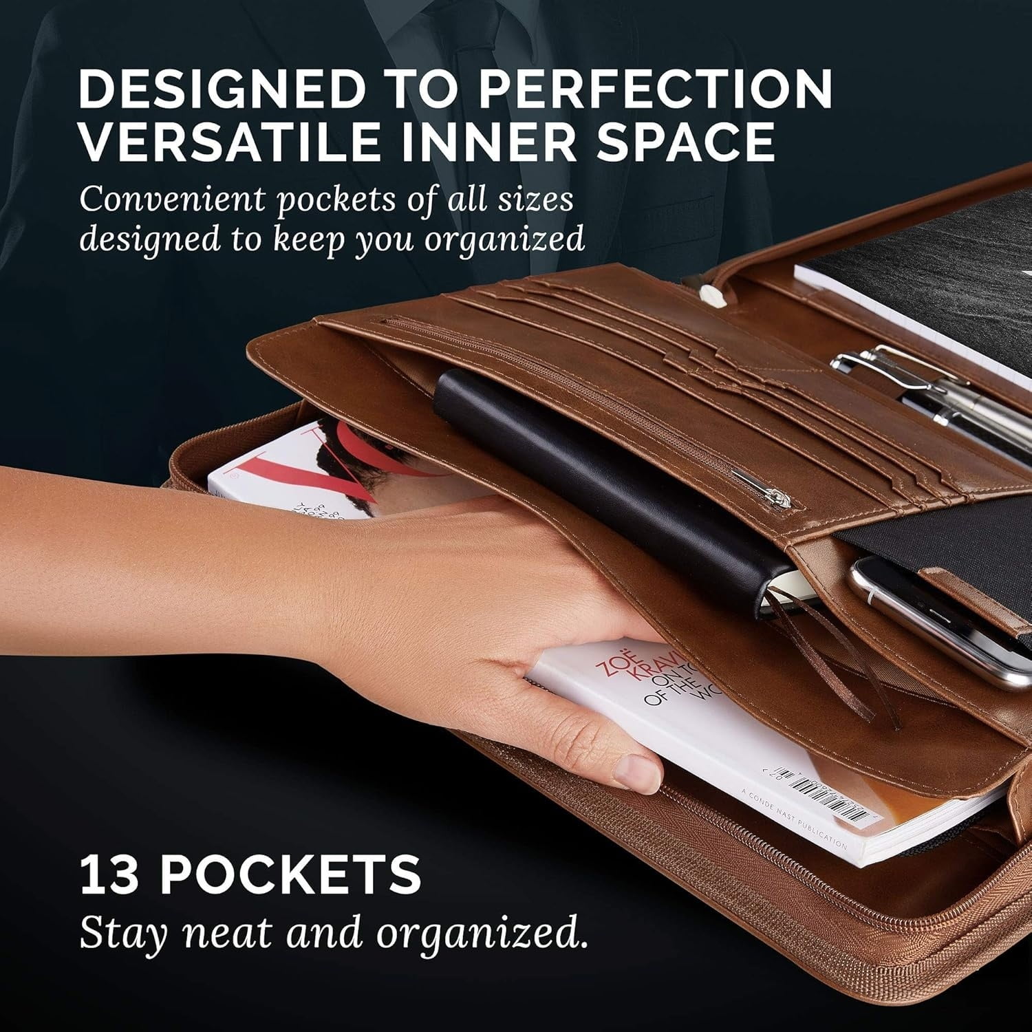 Zippered Vegan Leather Padfolio/Portfolio Pad Holder-Business PU Leather Notepad Folder for Resumes, Interviews, iPad/Tablet, Phone, Legal Pad Notebook Executive Binder for Women, Men