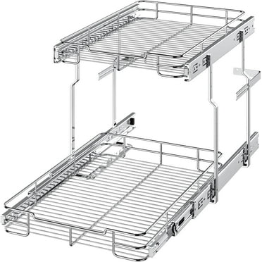 Mudeela 2 Tier Pull Out Cabinet Organizer, Heavy Duty Shelves for Kitchen Bathroom, Slide Out Chrome Steel Shelf Organizer