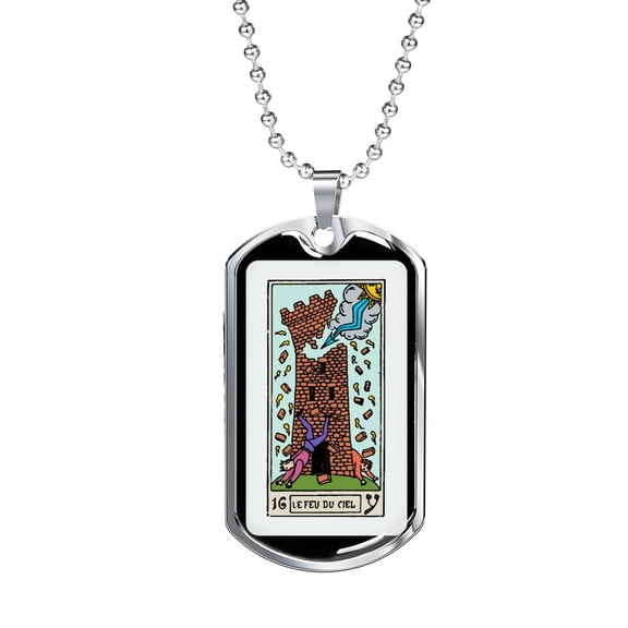 Tarot Card Necklace The Fire Of Heaven Dog Tag Necklace Stainless Steel 24" Chain Silver Tone or Gold Tone