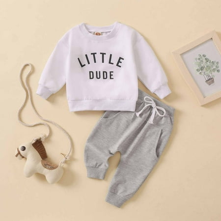 

Leutsin Baby Boys Short-Sleeve Bodysuit Autumn Winter Girls Boys Cotton Crew Neck Long Sleeve Letter Print Casual Sweater Trousers Set