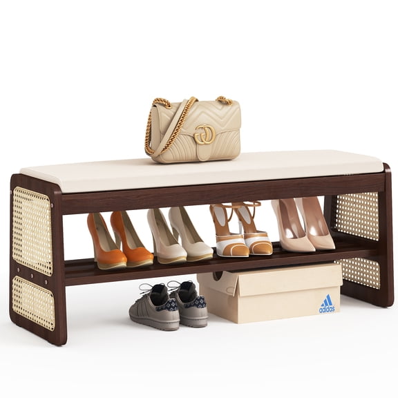 2 Tier Shoe Storage Bench with Cushion - Shoe Rack for Front Door Entrance, Rattan Shoe Rack, Entryway Bench with Storage for Closet, Hallway, Bedroom&Living Room(Walnut, 39.4" W)