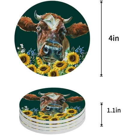 

ZHANZZK Sunflowers Cow Set of 6 Round Coaster for Drinks Absorbent Ceramic Stone Coasters Cup Mat with Cork Base for Home Kitchen Room Coffee Table Bar Decor