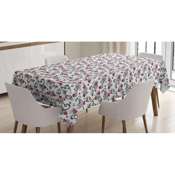 Love Tablecloth, Romantic Sketch Style Hearts Lovers Valentines Birthday Pattern, Rectangle Satin Table Cover Accent for Dining Room and Kitchen, 60" X 90", Grey White Hot Pink, by Ambesonne