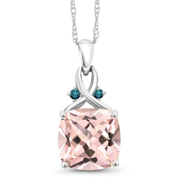 Gem Stone King 10K White Gold Peach Nano Morganite and Blue Diamond Pendant Necklace for Women (4.38 Cttw, Gemstone October Birthstone, Cushion Cut 10MM, with 18 inch Chain)