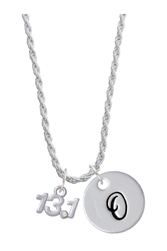 Silvertone Half Marathon - 13.1 with Clear Crystal Silvertone Script Initial Disc - O - Charm Necklace, 20"+3"