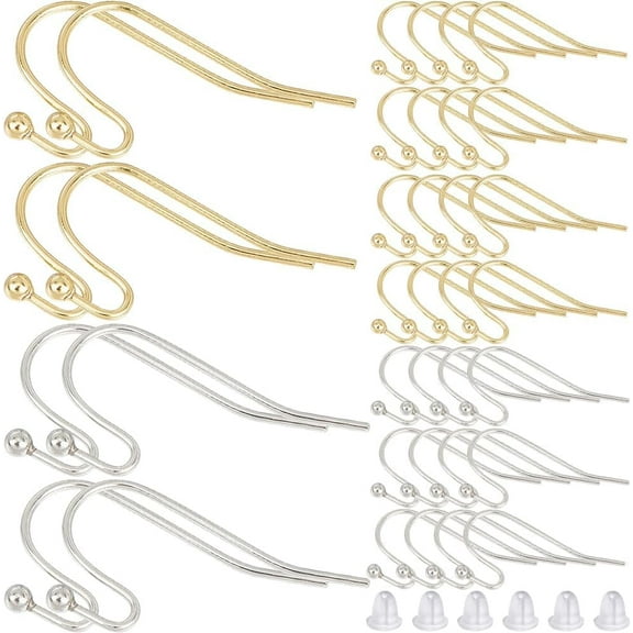 1 Box 300Pcs Silver Fish Hook Earring Findings Gold Earring Hooks Bulk Brass French Ear Wires with Plastic Earring Back Ball Dot Earring Wires for Jewelry Making Supplies DIY Craft Beginner
