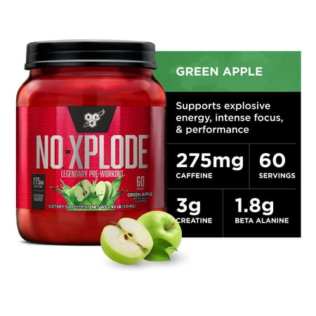 BSN N.O. Xplode Nitric Oxide Booster + Pre Workout Powder, Green Apple, 60 Servings