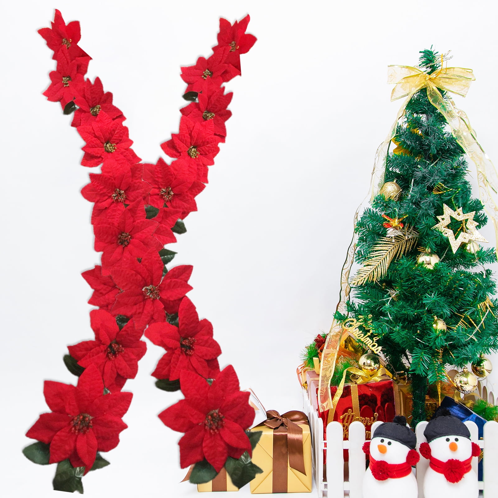 Visland Artificial Poinsettias Garland 6.6 FT Red Silk Poinsettia