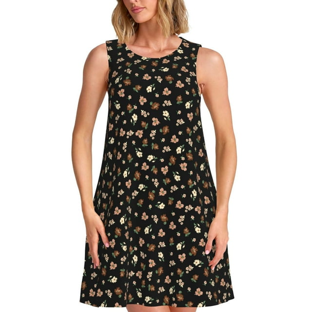 Fotbe Flower Pattern On Black Vestido de Verano sin Mangas para Mujer – Vestido Midi Línea A, Estilo Camiseta Floral, Vestido Playero Casual y Fluido