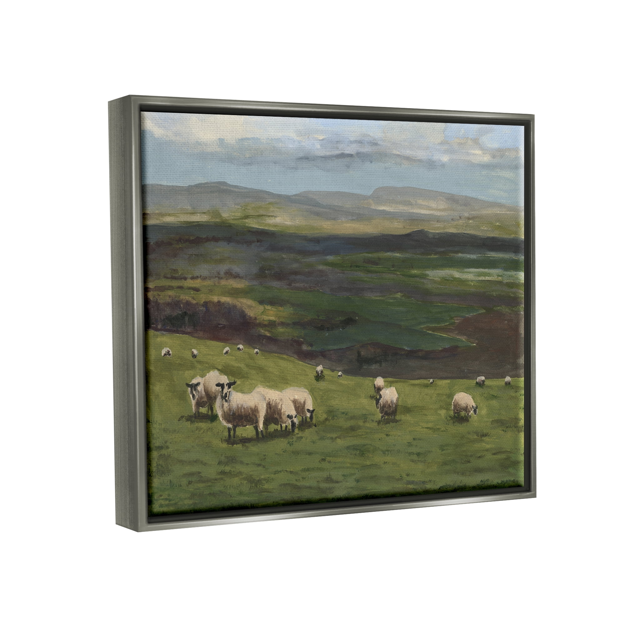 Stupell Industries Flock of Sheep Grazing Animals & Insects Painting Gray Floater Framed Canvas Art Print Wall Art, 21 x 17