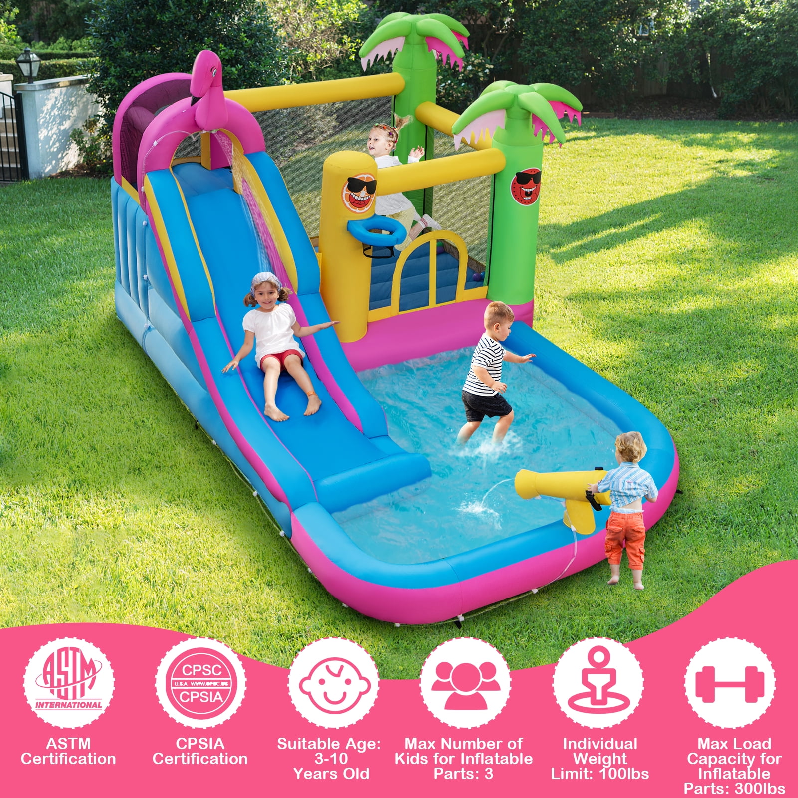 Topbuy 6-In-1 Dry Damp Combo Water Slide Inflatable Bouncy House with Climbing Wall Blowup Jumping Castle