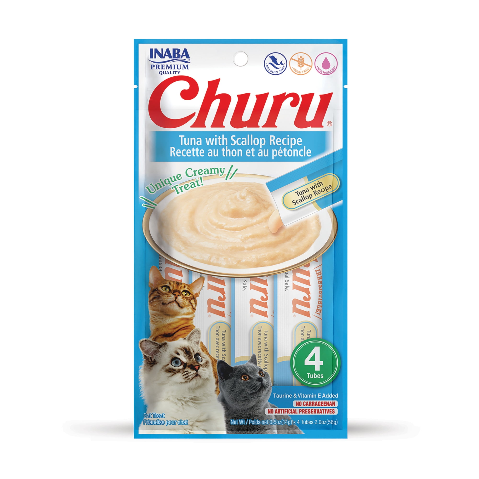 INABA Churu Creamy, Lickable Purée Cat Treat w Taurine, 0.5 oz, 4 Tubes, Tuna with Scallop Recipe