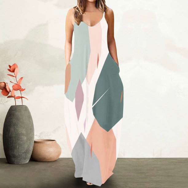 Puntoco Vestidos Mujer Verano Mujer Suelto Bolsillo Cuello En V Impresión Degradado Sin Mangas Suelto Casual Sling Vestido Largo
