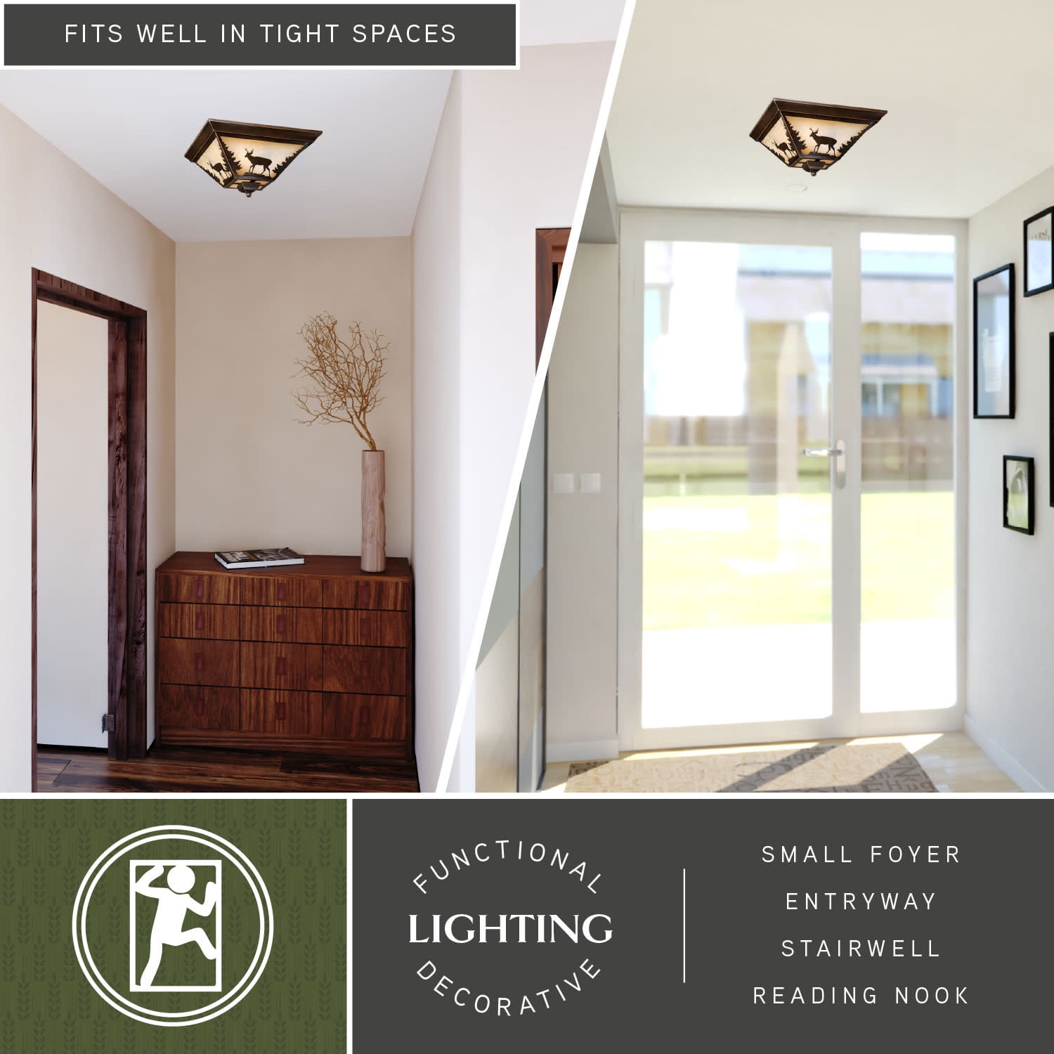 Bryce 14-in W Bronze Rustic Deer Flush Mount Ceiling Light Fixture