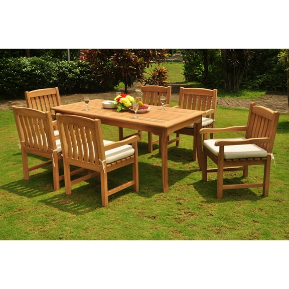 Teak Dining Set: 6 Seater 7 Pc: 71" Rectangle Dining Table And 6 Devon Arm/Captain Chairs Outdoor Patio Grade-A Teak Wood WholesaleTeak #WMDSDVp