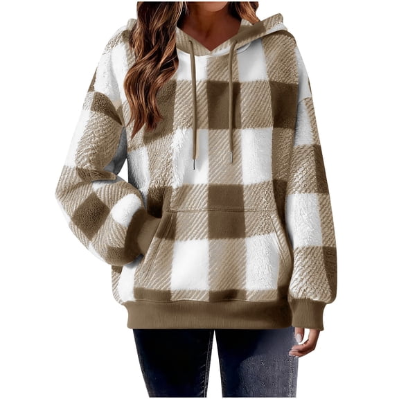 QQAMB Womens Sherpa Pullover Oversized Fuzzy Hoodie Double Fleece Sweatshirts Fluffy Plaid Outerwear Warm Coats Beige M