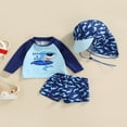 thumbnail image 2 of Kid Boy Swimsuit  Cartoon Striped Shark Print Summer Beach Long Sleeve Tops + Shorts + Hat, 2 of 7
