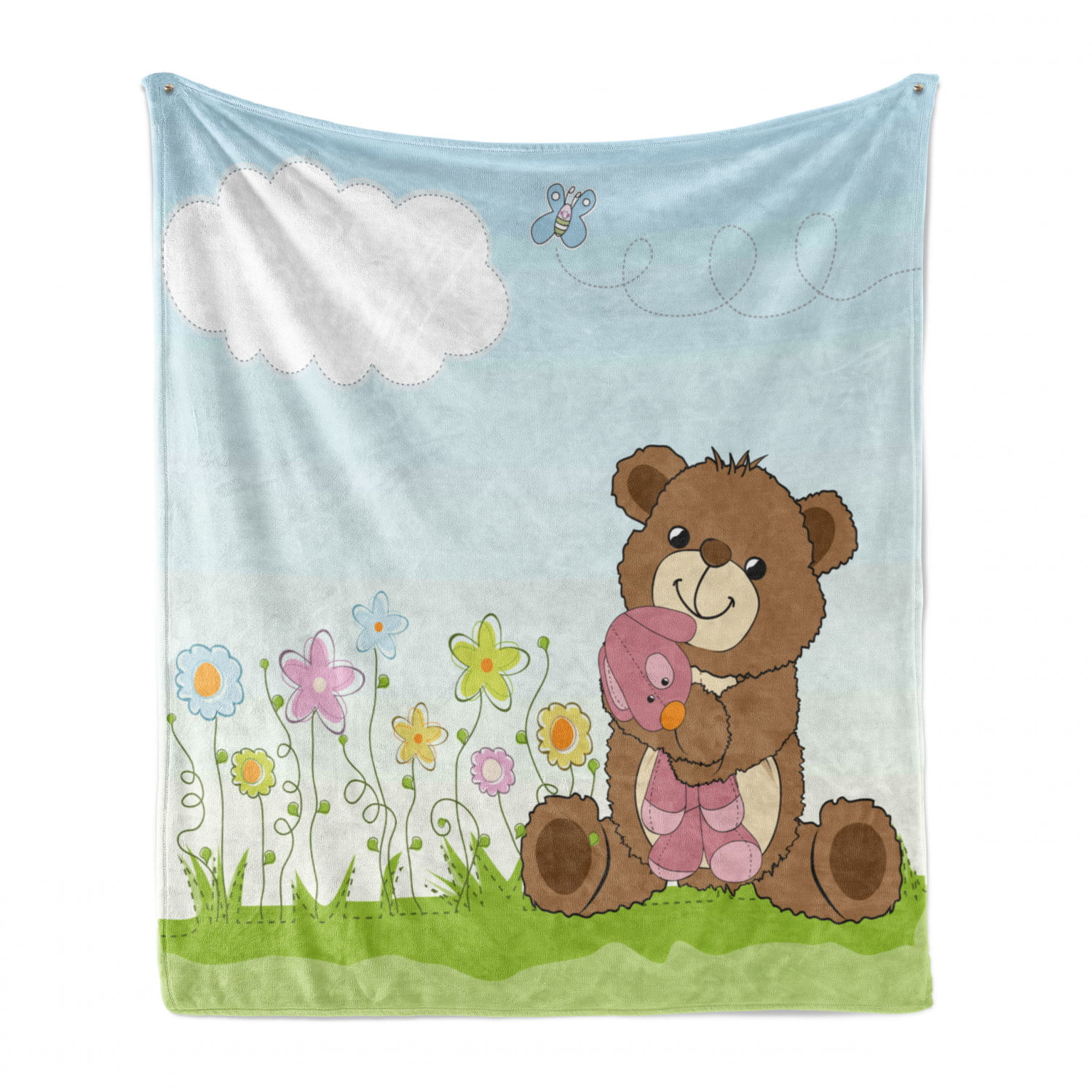 70 x 90 Cartoon Style Teddy Bear with Toy in Meadow Swirled Flowers Butterfly and Cloud Multicolor Cozy Plush for Indoor and Outdoor Use Ambesonne Flower Soft Flannel Fleece Throw Blanket 