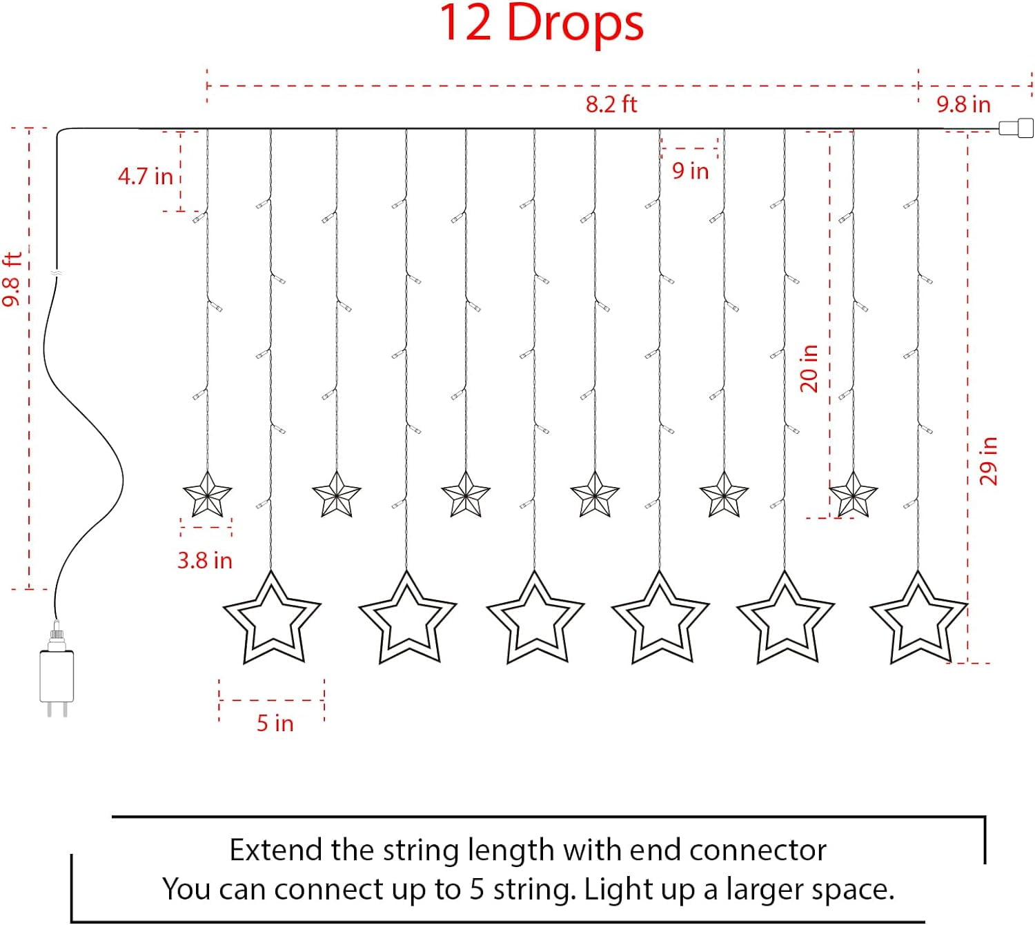 Star Curtain Lights for Bedroom - Plug-in 9ft 138 LED Fairy Twinkle Lights with 12 Star Drops, Connectable Window Lights with Remote 8 Lighting Modes for Indoor Xmas Ramadan Decoration, Warm White