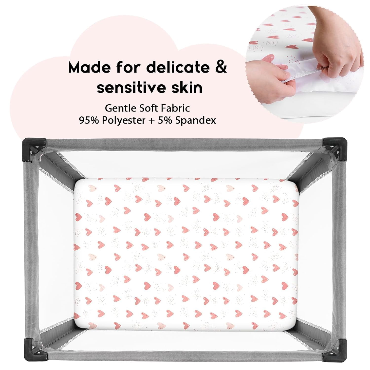 JJEAN-Pack and Play Sheets Fitted, Mini Crib Sheets 2-Pack for Pack N Play Mattress, Stretchy Playard Sheet, Soft and Breathable Pink+Love
