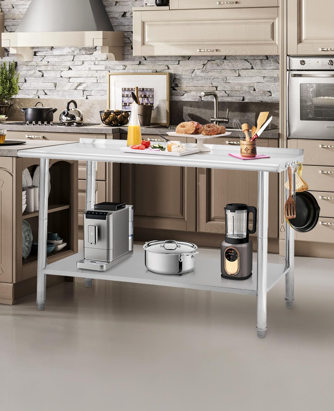 Danolapsi Stainless Steel Table 60" x 24",Kitchen Prep Table,NSF Stainless Steel Metal with Backsplash,Adjustable Undershelf,5 Hooks,Heavy Duty Workbench Workstation Work Table for Restaurant and Home