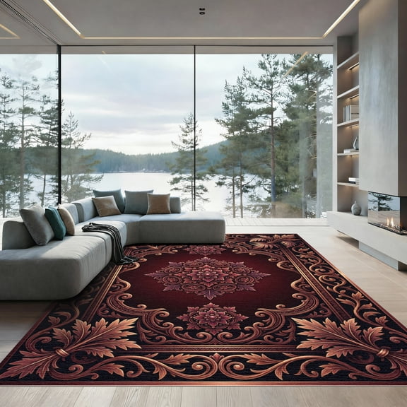 ODIKA 4'x6' Machine Washable Non-Slip Area Rug, Oriental Burgundy High Traffic Rug, Red, 1119076