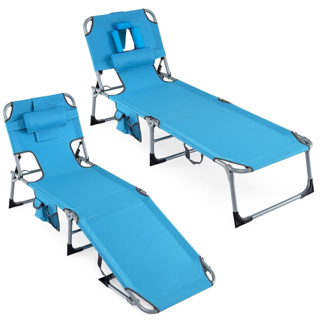 Gymax 2 Pcs Chaise de Bronzage Chaise Longue Portable avec Dossier Réglable à 4 Positions Bleu Marine