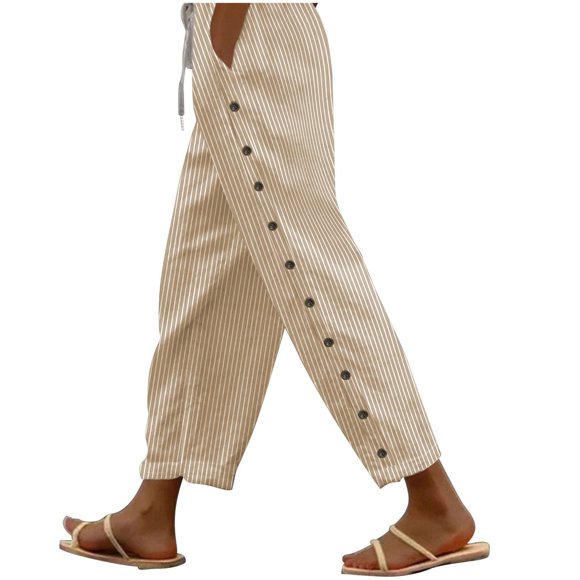 FAIWAD Pantalons Capri en Coton et Lin pour Femmes par FAIWAD Taille Haute Fuselés, Rayés, 1