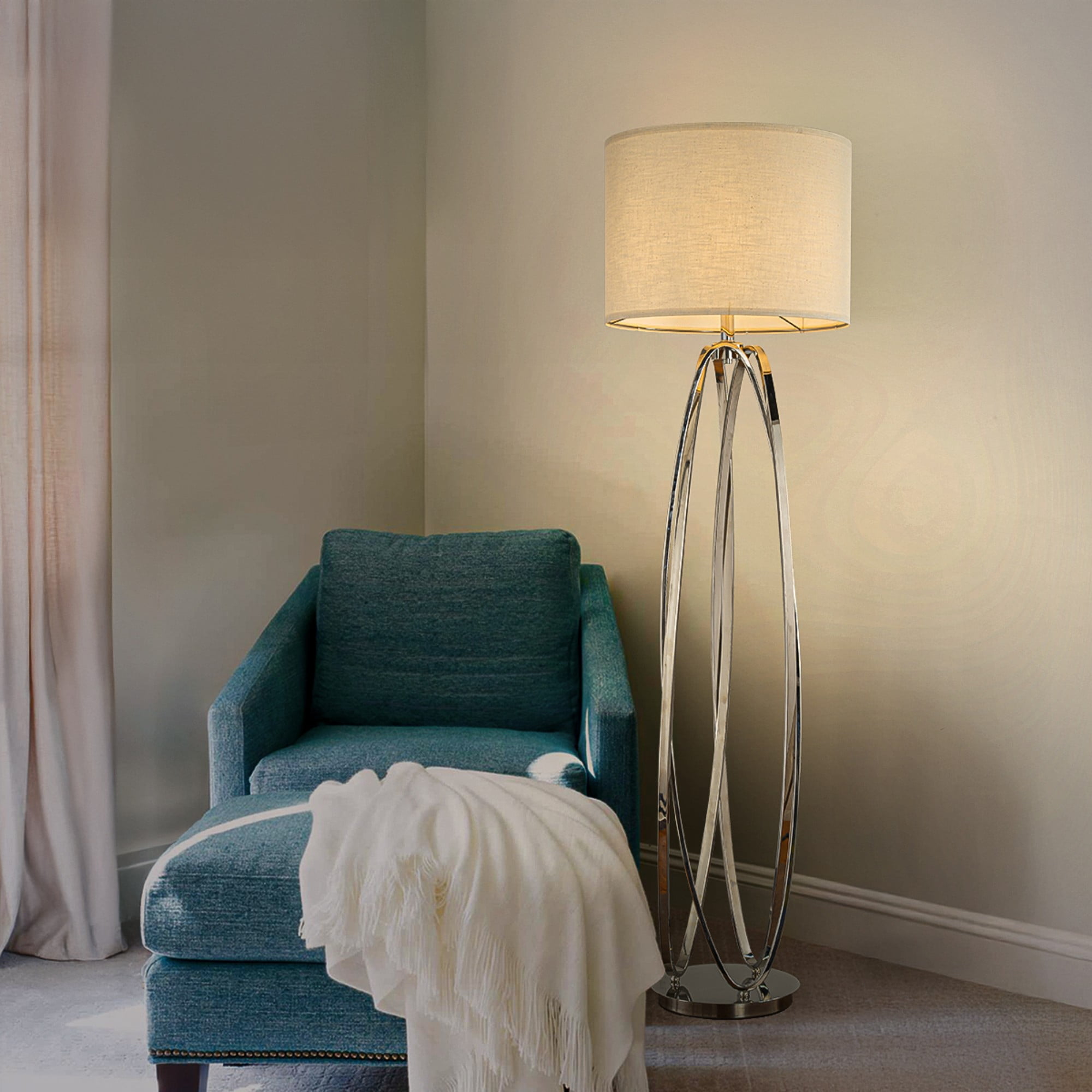 62'' Elegant Modern Polished Nickel Metal Floor Lamp With Ivory Fabric Drum Shade For Living Room Dining Room
